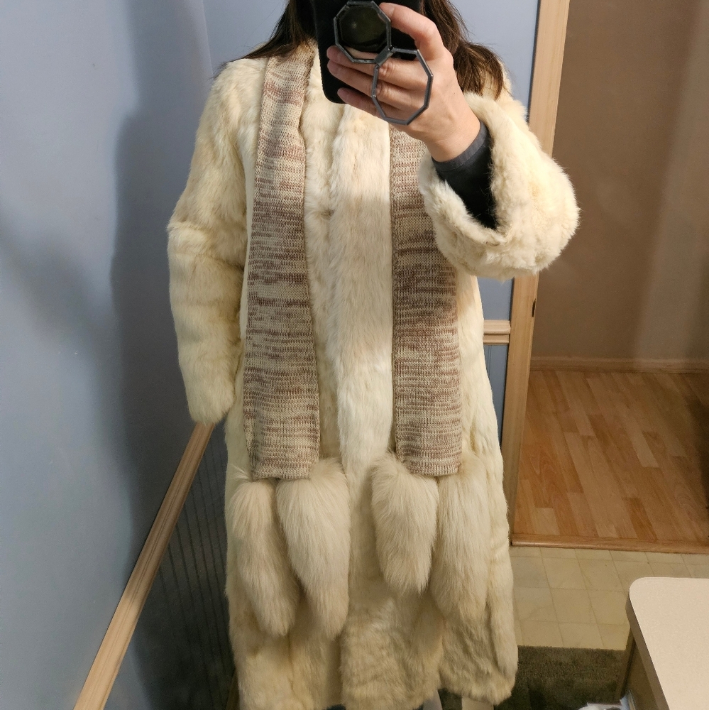 Vintage Jacques Saint Laurent Tan Soft Rabbit Fur Jacket with Fox Tails Scarf